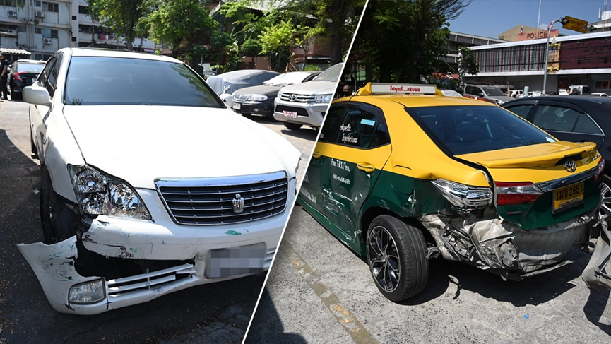 丰田皇冠轿车与出租车相撞逃逸后自首。