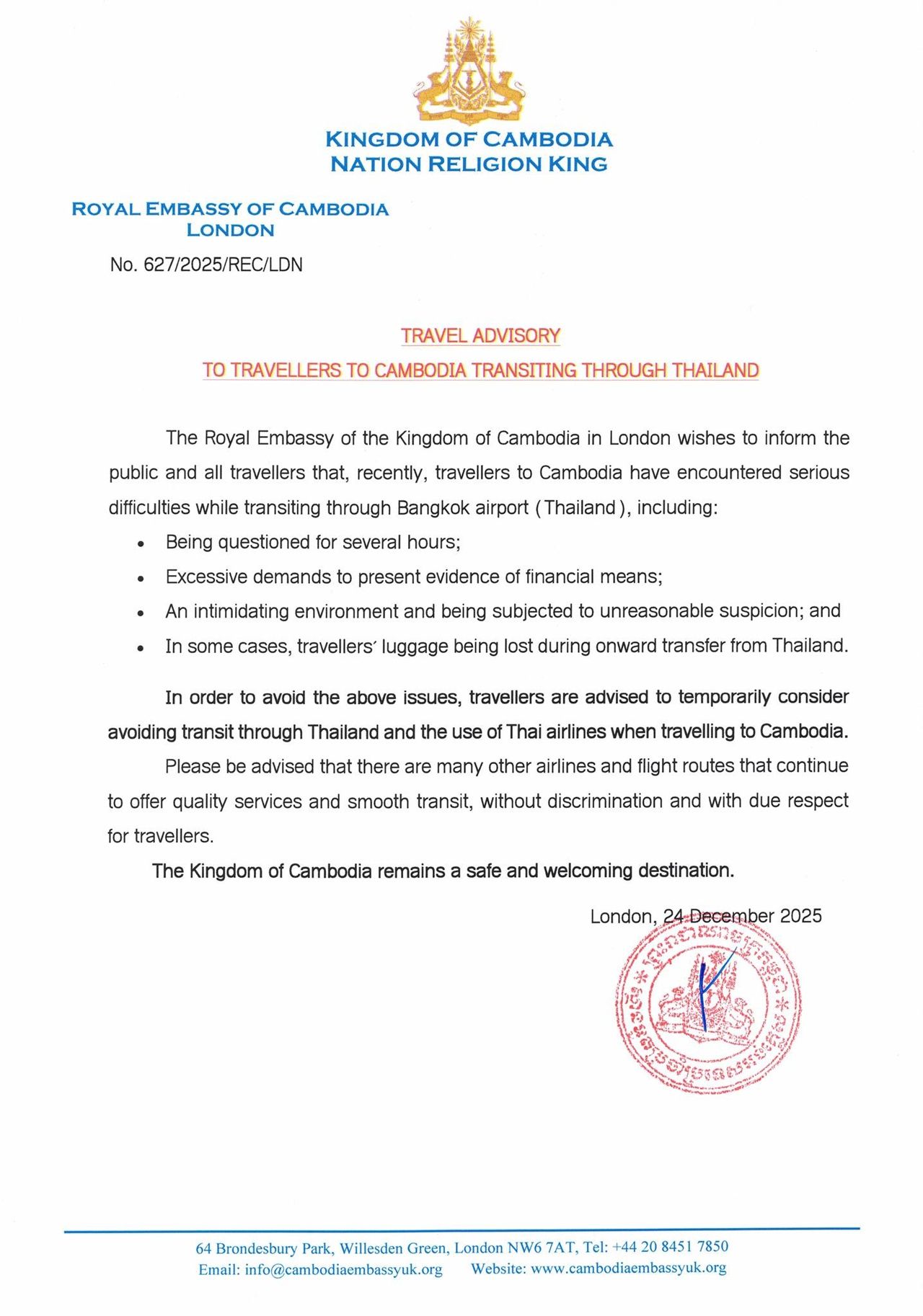 柬埔寨大使馆警告民众避免通过泰国旅行，称遇到多重问题