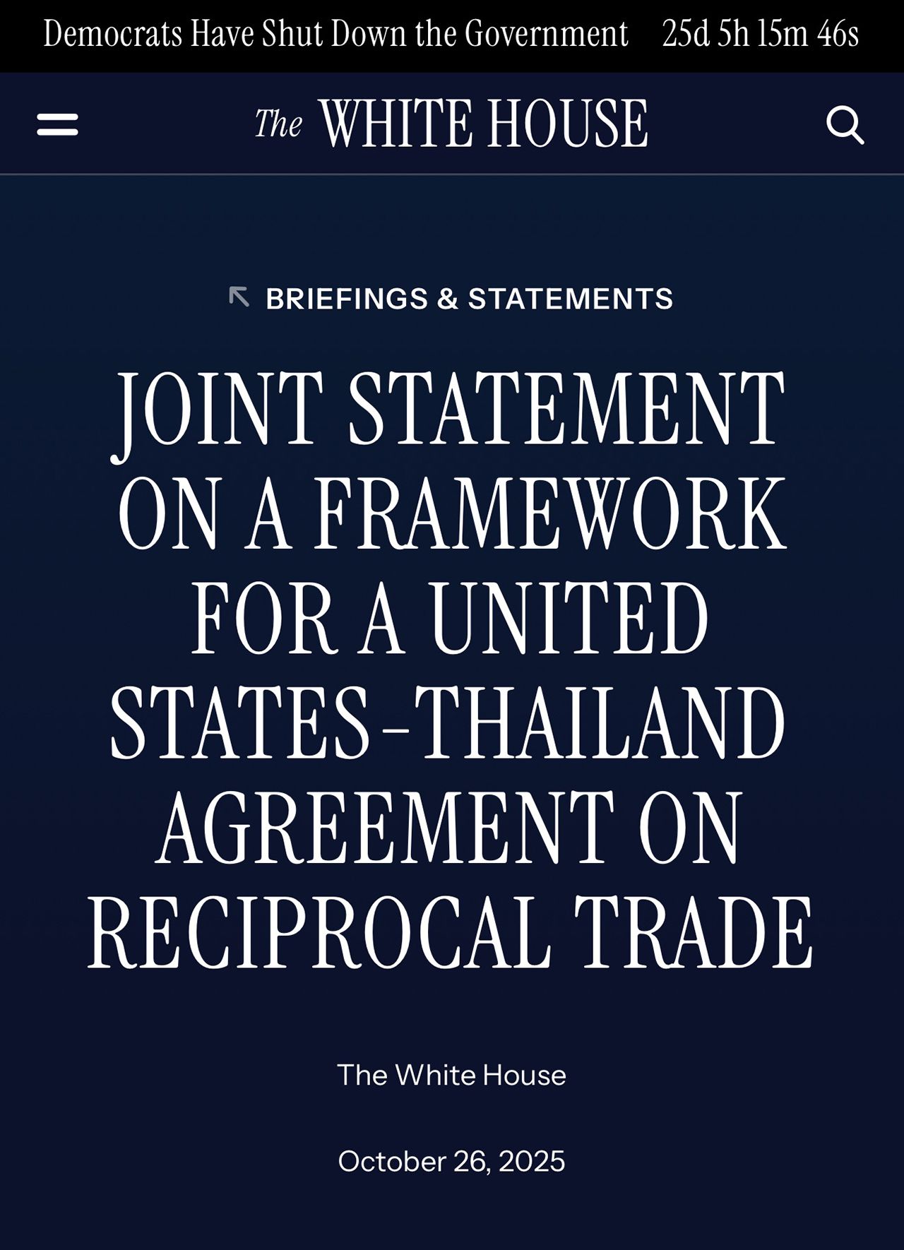 泰国-美国宣布互惠贸易框架 提升经济合作