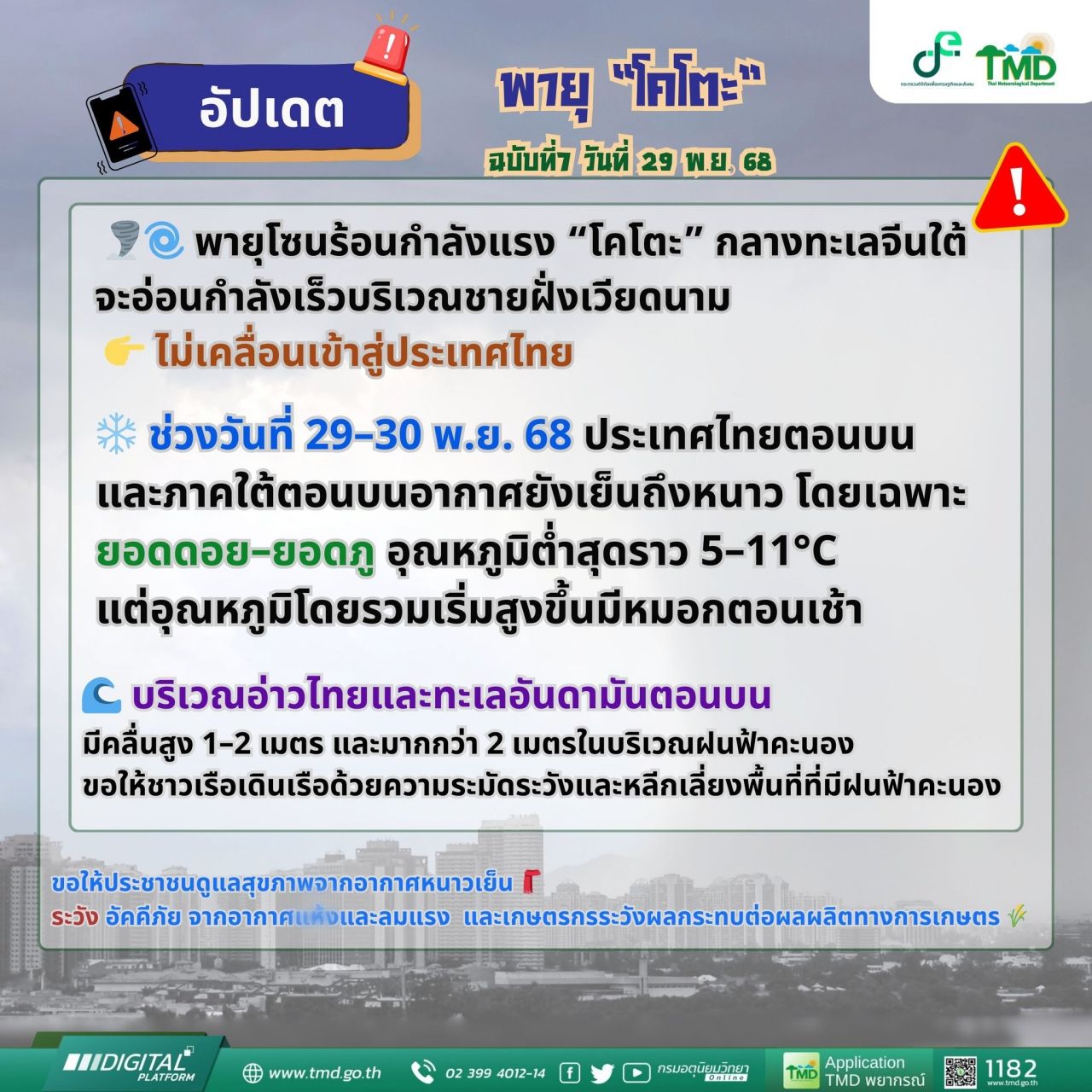 气象局第7号通知：11月29-30日泰国北部和南部上部仍寒冷至冷
