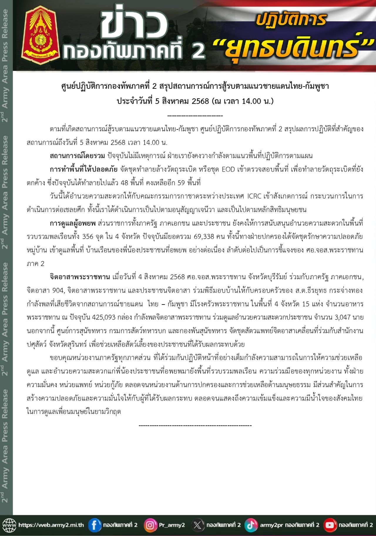 泰国第二军区总结泰柬边境战斗情况，加速排除剩余59个地区的未爆炸弹