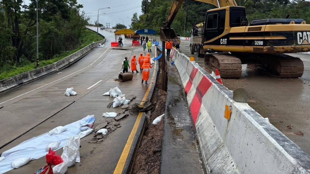 暴雨导致“湄索-达”高速公路路面下沉，工作人员封闭车道并紧急检查修复