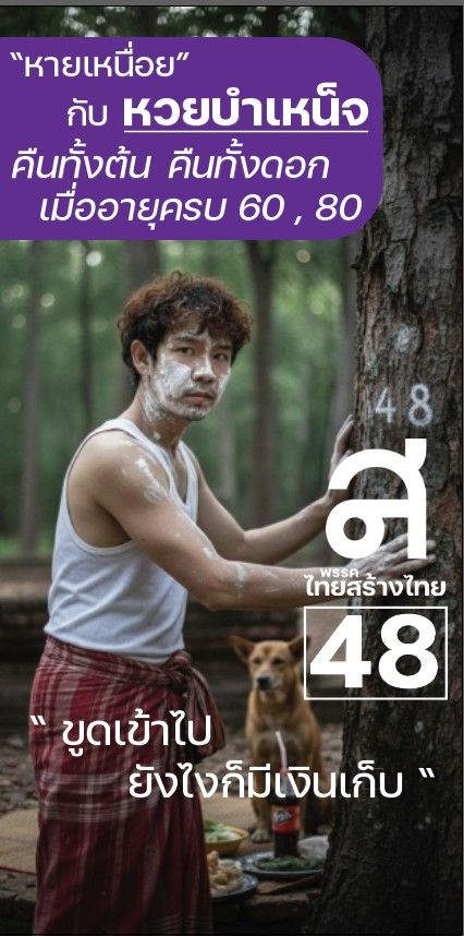 泰国创建党推出创意竞选标语,让候选人在树上刮彩票,宣传“彩票奖金”政策