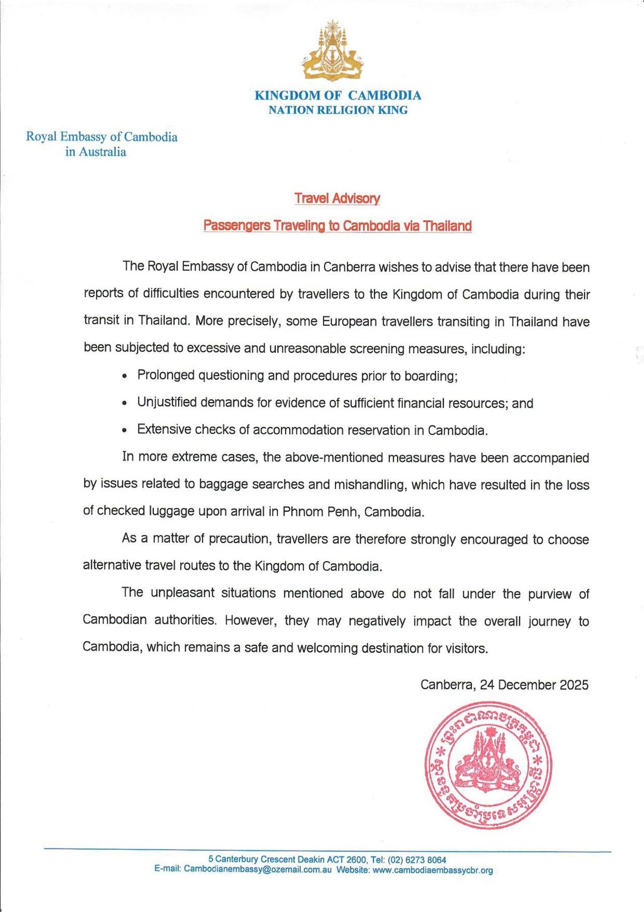 柬埔寨大使馆警告民众避免通过泰国旅行，称遇到多重问题