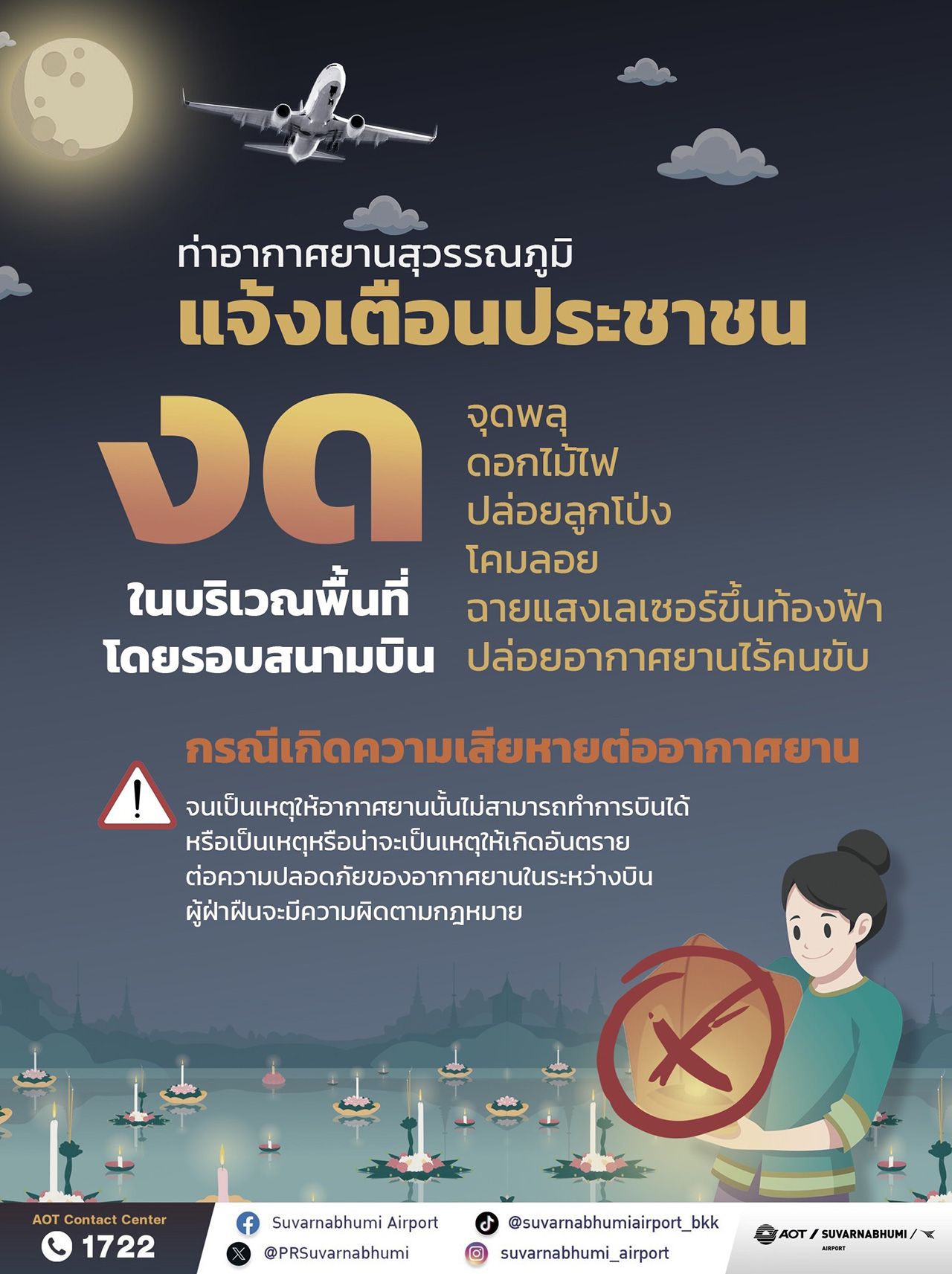 今年的水灯节,要求停止放飞孔明灯和燃放烟花在机场周围警告违规者将受到处罚