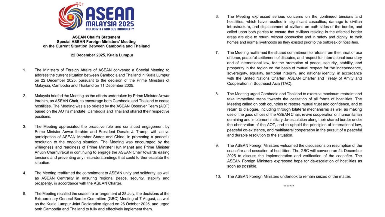 东盟呼吁泰国和柬埔寨停止战斗，重返谈判桌，准备于12月24日举行GBC会议