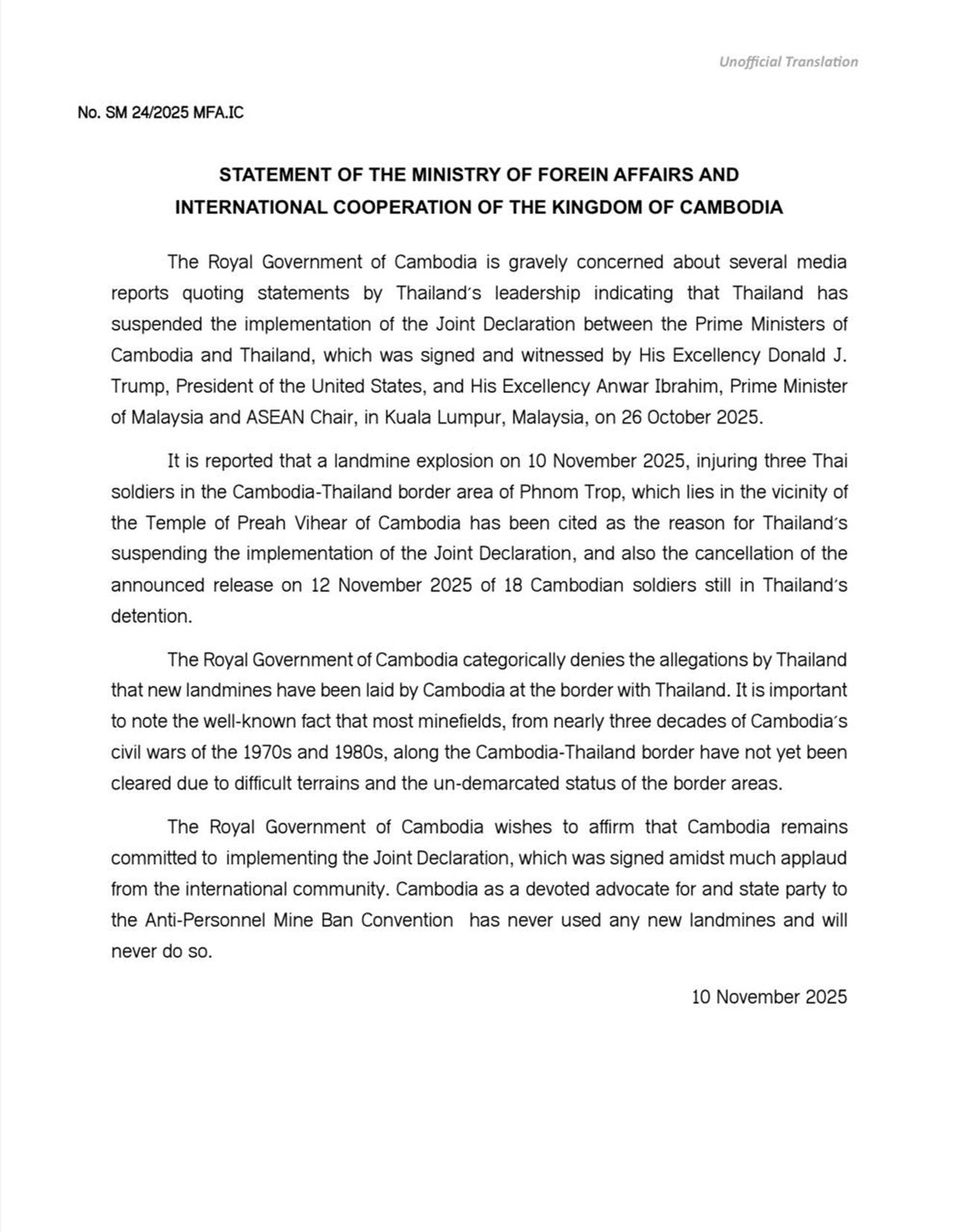 柬埔寨否认埋设新地雷，称旧地雷尚未清除，担心泰国暂停协议