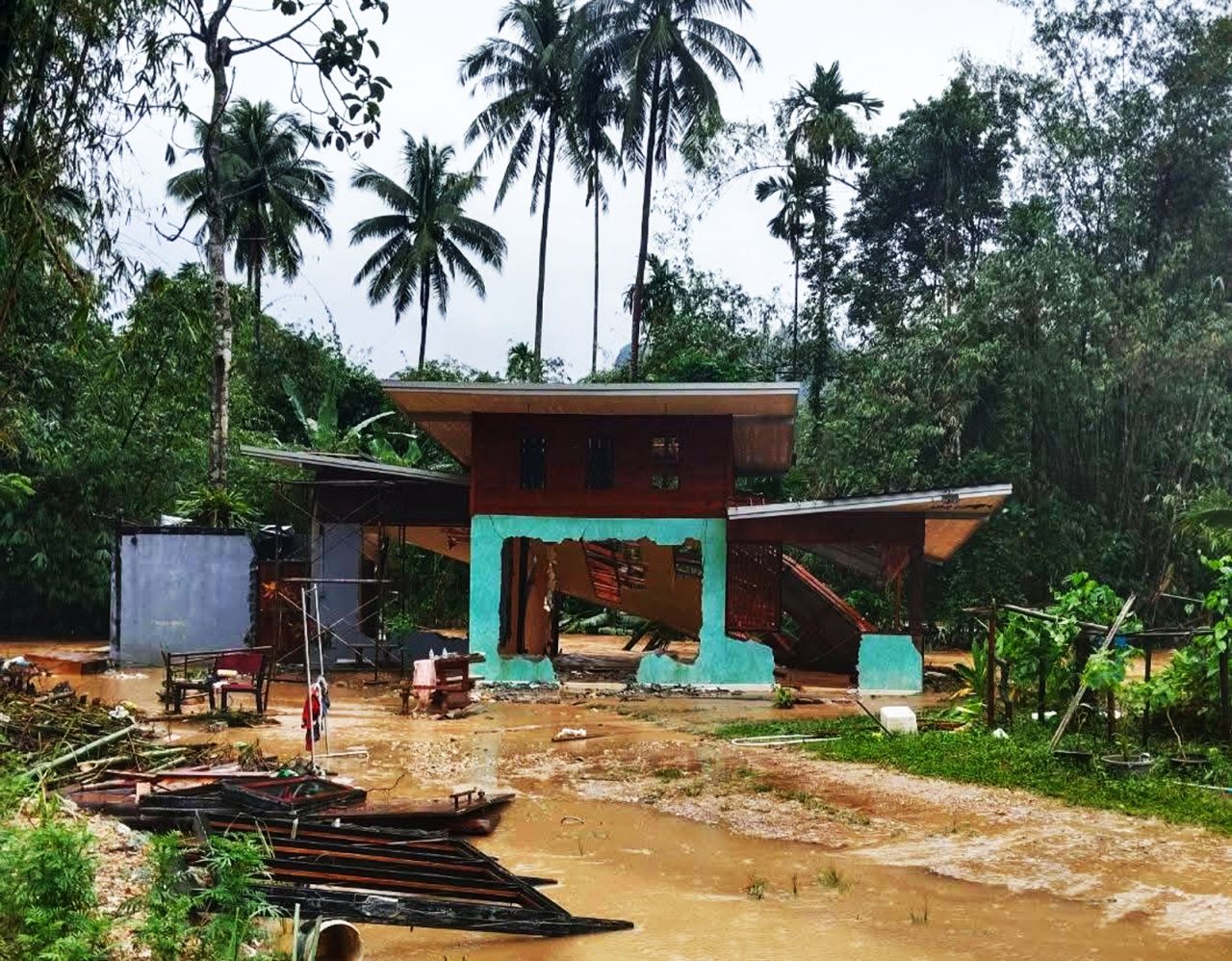 巴吞省洪水高涨，紧急疏散500多头猪至安全地点，村民房屋被山洪冲毁